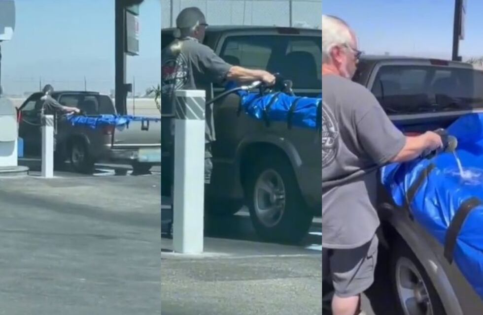 Suba de precios récord de gasolina en EEUU: colocó una lona en la caja de su camioneta y la cargó con gas