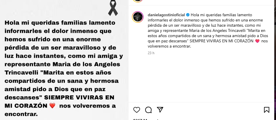 El dolor de Daniel Agostini por la muerte de un ser querido