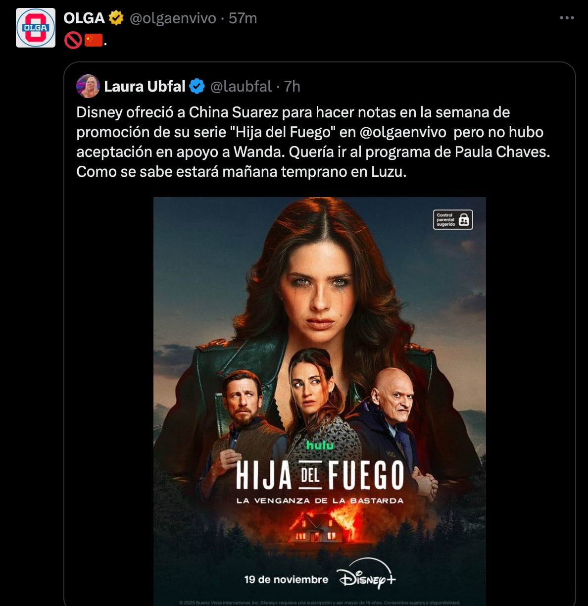 Olga rechazó entrevistar a la China Suárez en apoyo a Wanda Nara. El picante posteo que después borraron (Foto: Captura de pantalla)