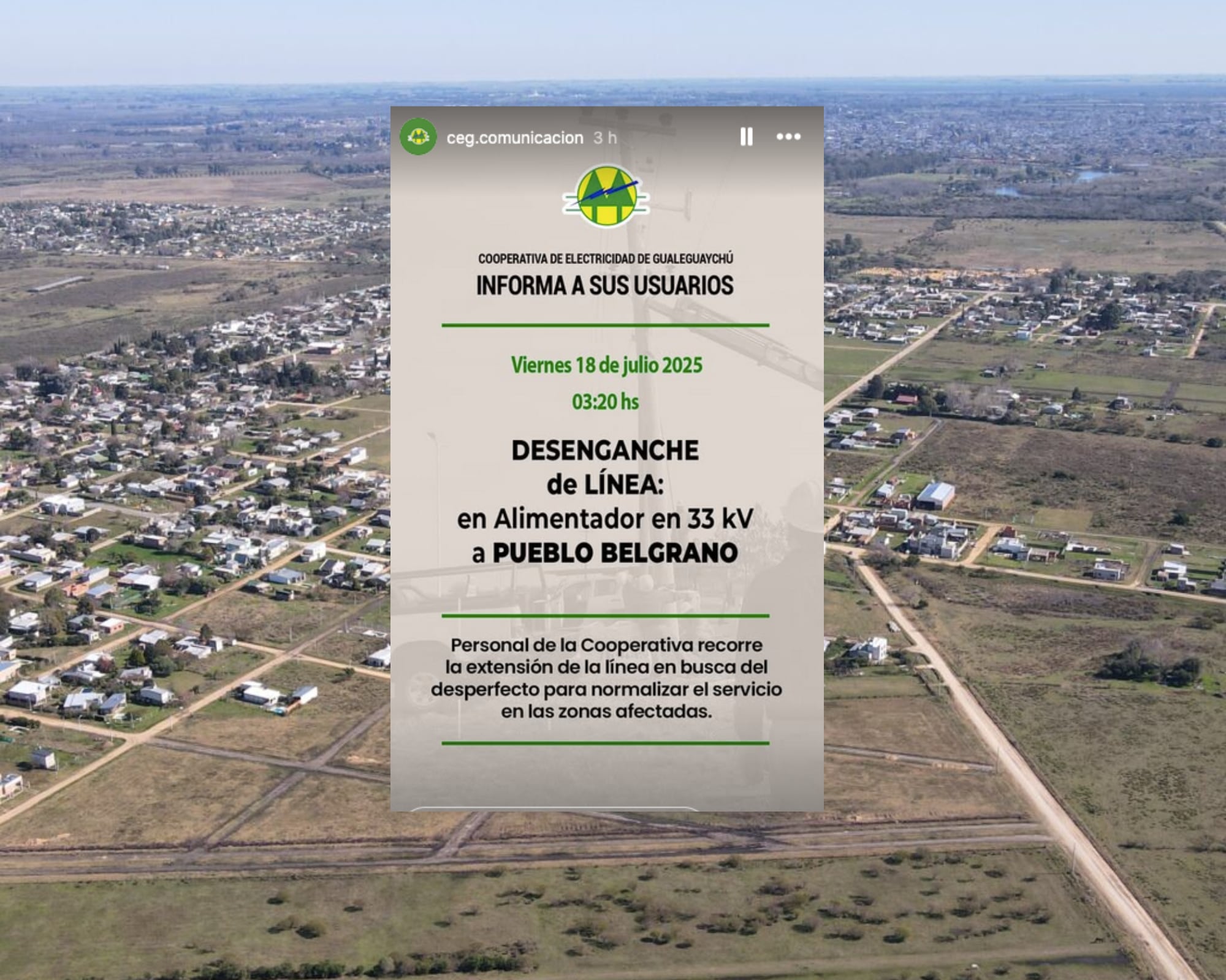 Corte de energía eléctrica en Pueblo Belgrano