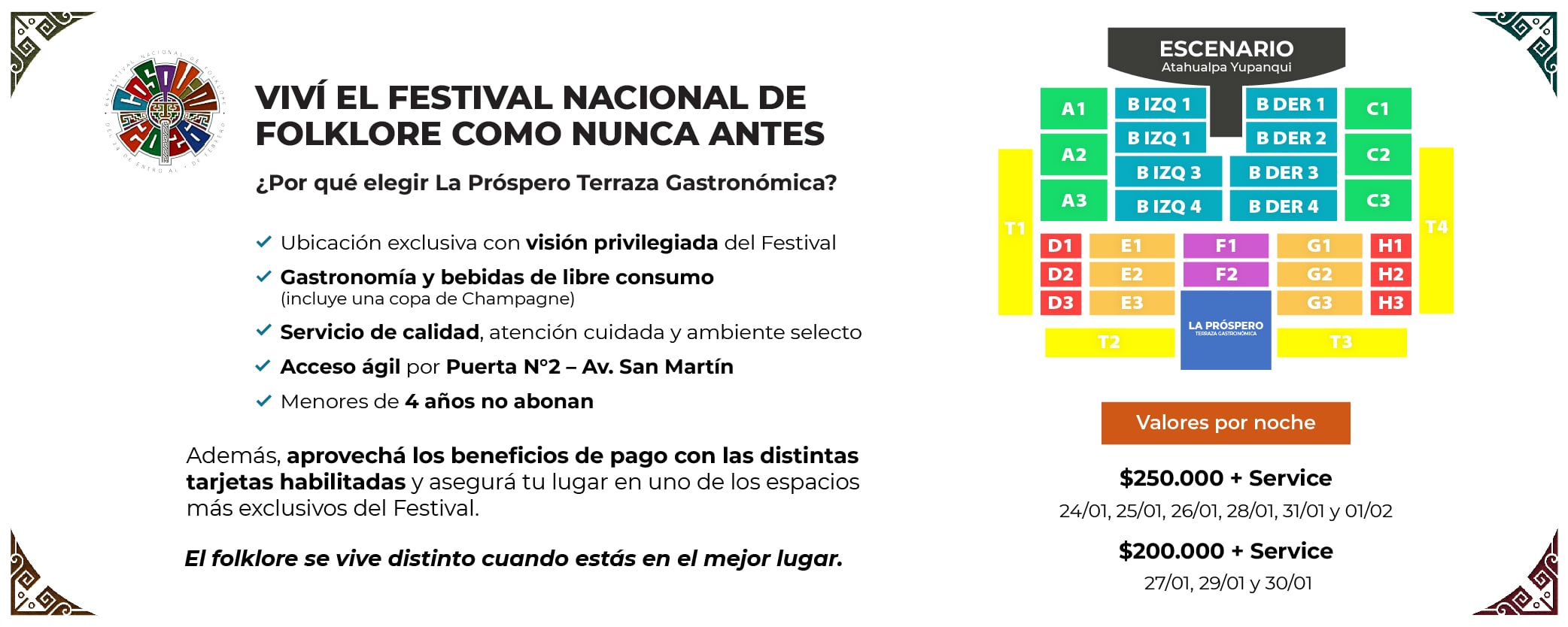 Los precios para "La Próspero", la nueva terraza del Festival de Folklore de Cosquín 2026.