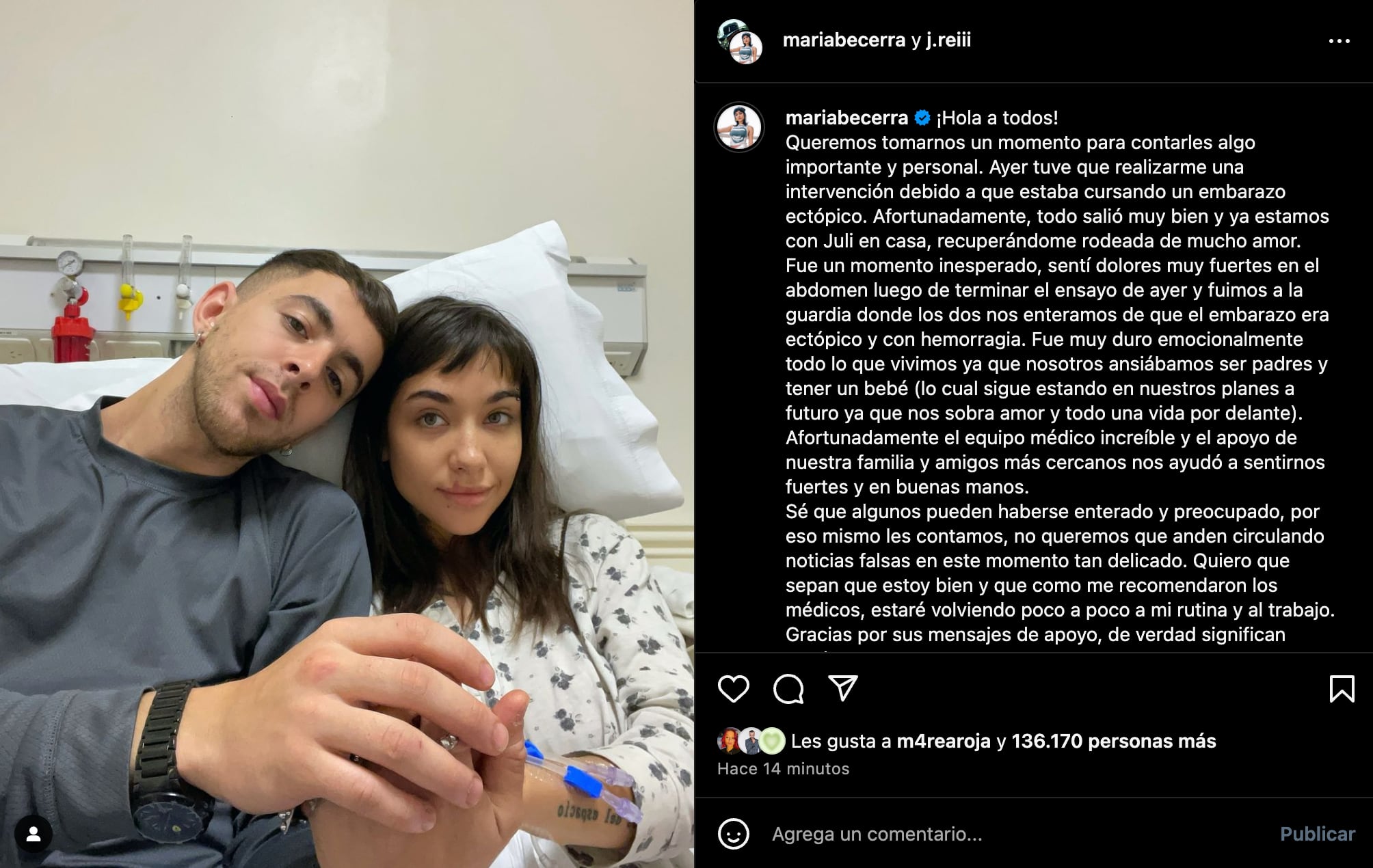 La publicación de María Becerra sobre su primer embarazo ectópico. (Foto: captura de pantalla)