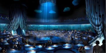 Esta representación muestra el escenario y el área de mesas para el espectáculo inmersivo y cena "Ludo", una producción del Cirque du Soleil que debutará el 12 de diciembre de 2025 en VidantaWorld Nuevo Vallarta en México. (Cirque du Soleil via AP)