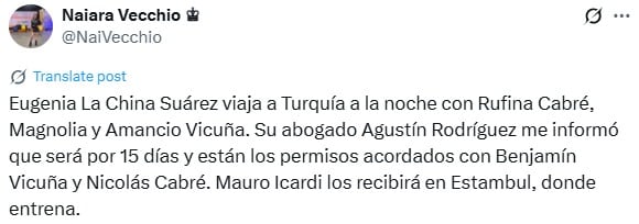 En las próximas horas, la China Suárez viaja a Turquía.