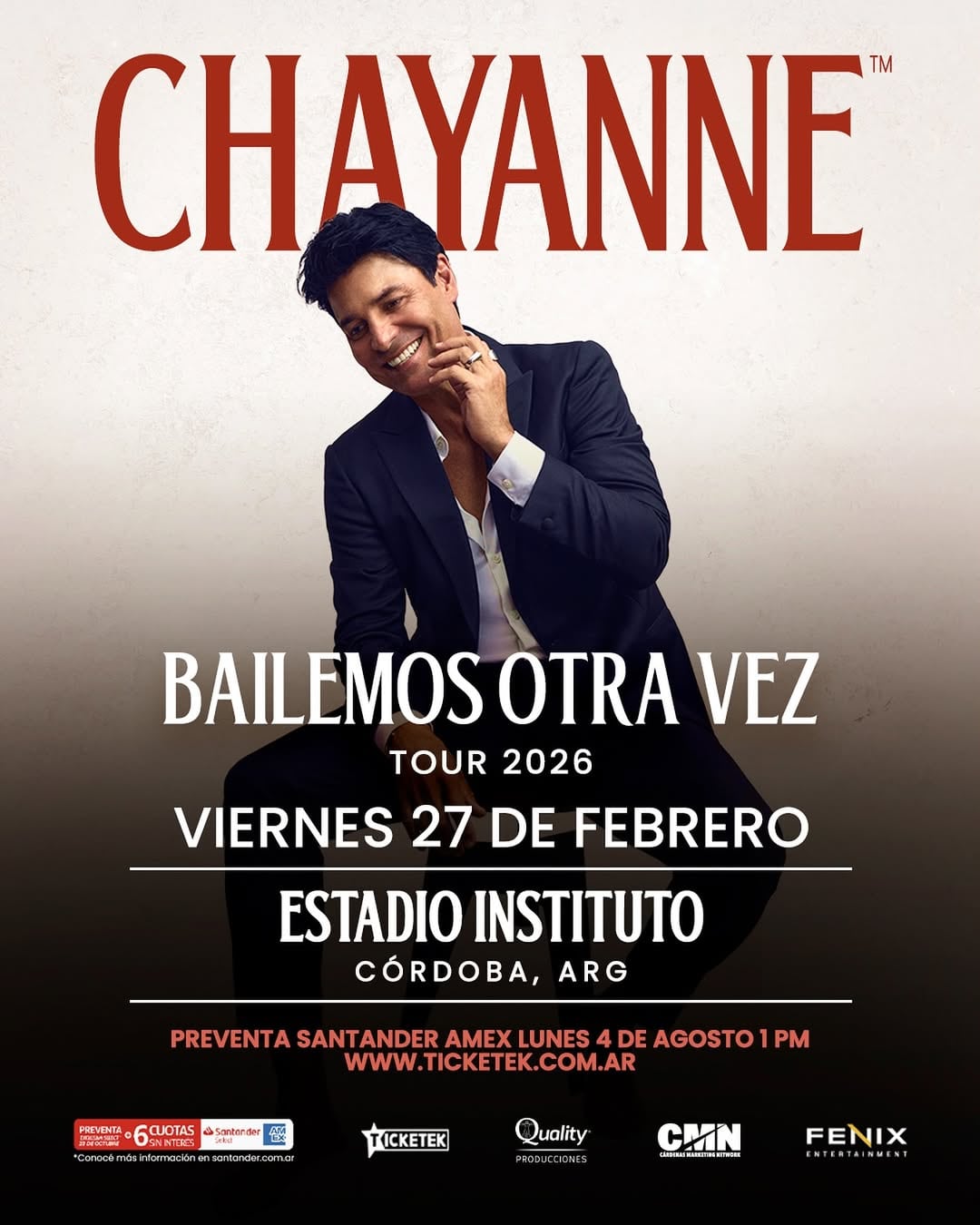Quality Espacio anunció el regreso de Chayanne a Córdoba.