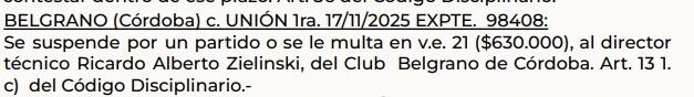 La sanción para el Ruso tras la expulsión en el partido entre Belgrano y Unión.
