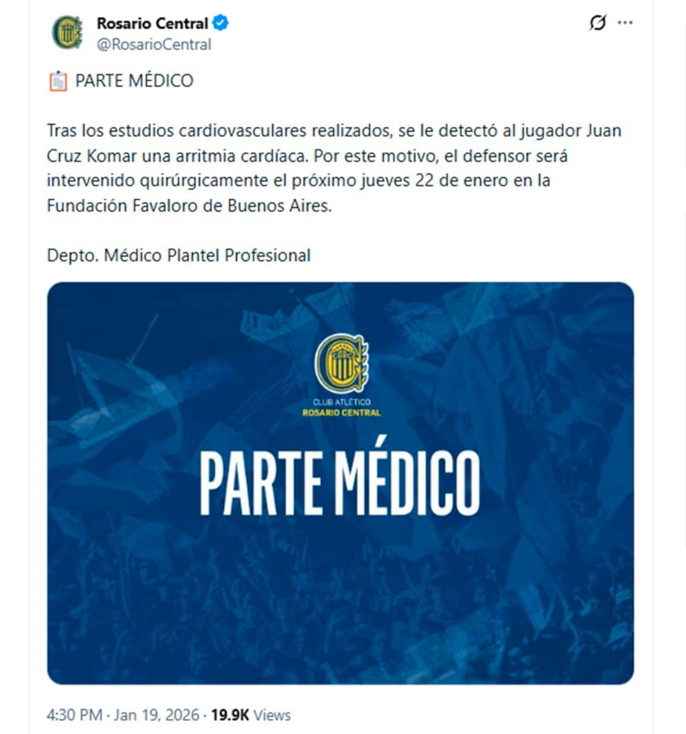 Juan Cruz Komar será operado nuevamente del corazón.