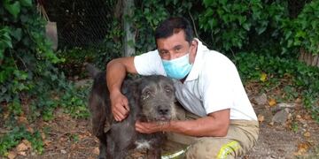 La Cumbre. Uno de los bomberos que logró rescatar al perro que se encontraba debajo de los escombros. (La Estafeta Online)