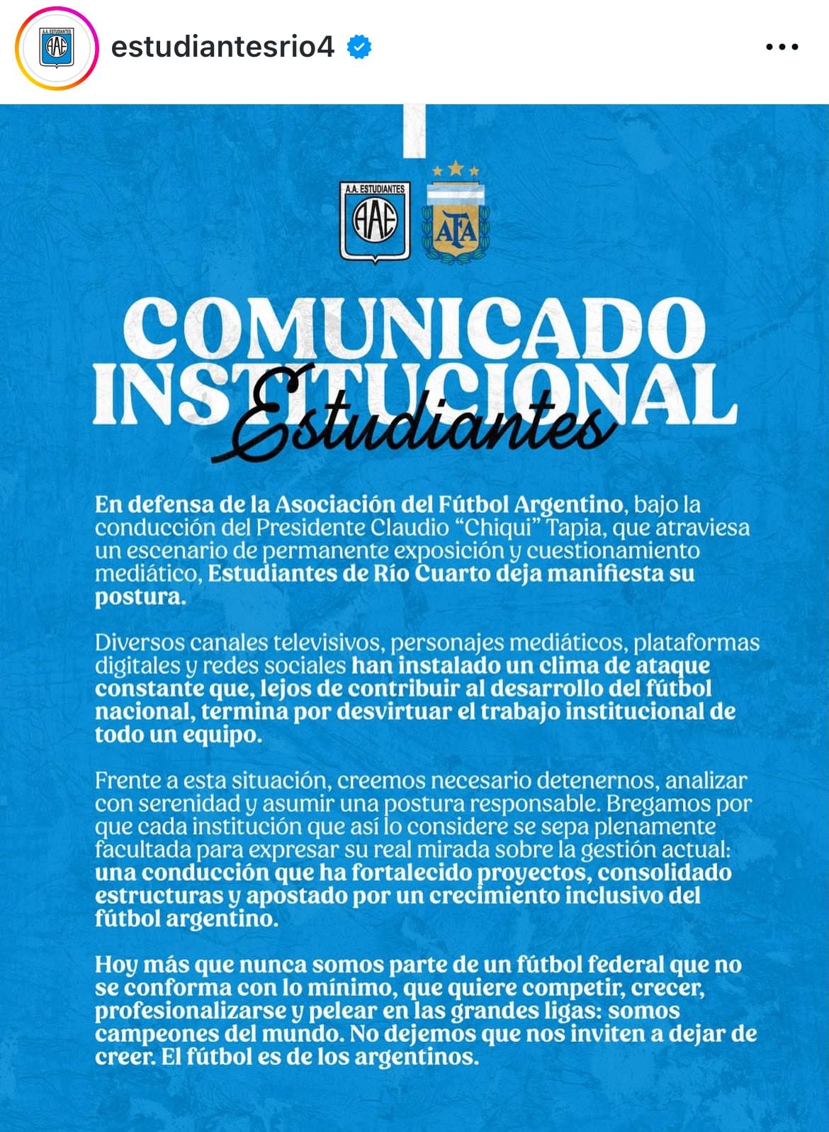 El comunicado de Estudiantes de Río Cuarto.