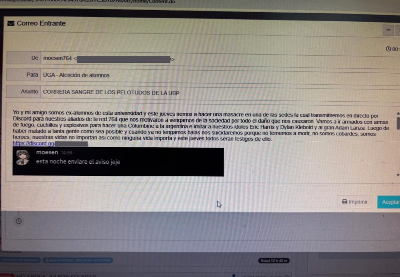 Cómo es el correo con amenazas que recibió la Blas Pascal este jueves.