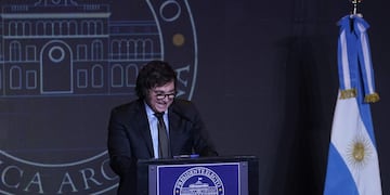 Javier Milei desde el búnker de La Libertad Avanza, tras el triunfo en el balotaje. (Gentileza Clarín)