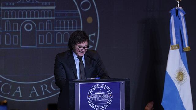 Javier Milei desde el búnker de La Libertad Avanza, tras el triunfo en el balotaje. (Gentileza Clarín)
