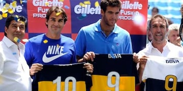 Roger Federer junto a Del Potro, Batistuta y Daniel Angelici en un evento en la Bombonera.
