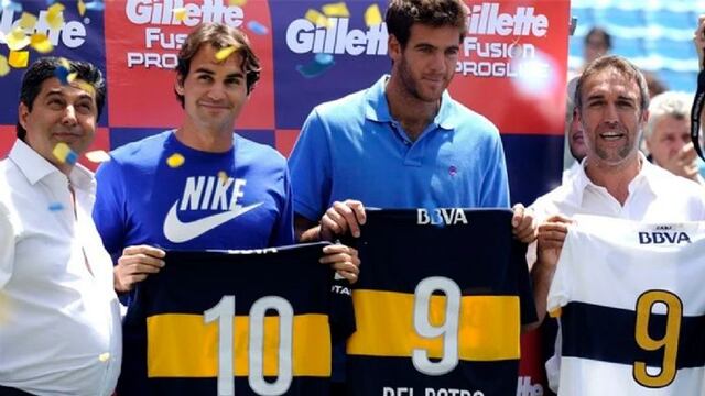 Roger Federer junto a Del Potro, Batistuta y Daniel Angelici en un evento en la Bombonera.