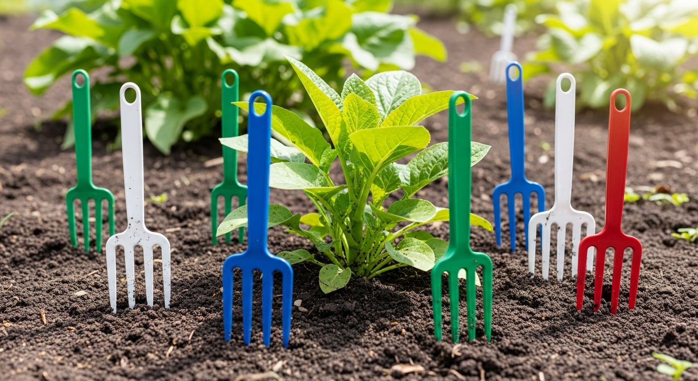 La barrera física creada por los tenedores impide que animales domésticos y aves dañen los brotes.

