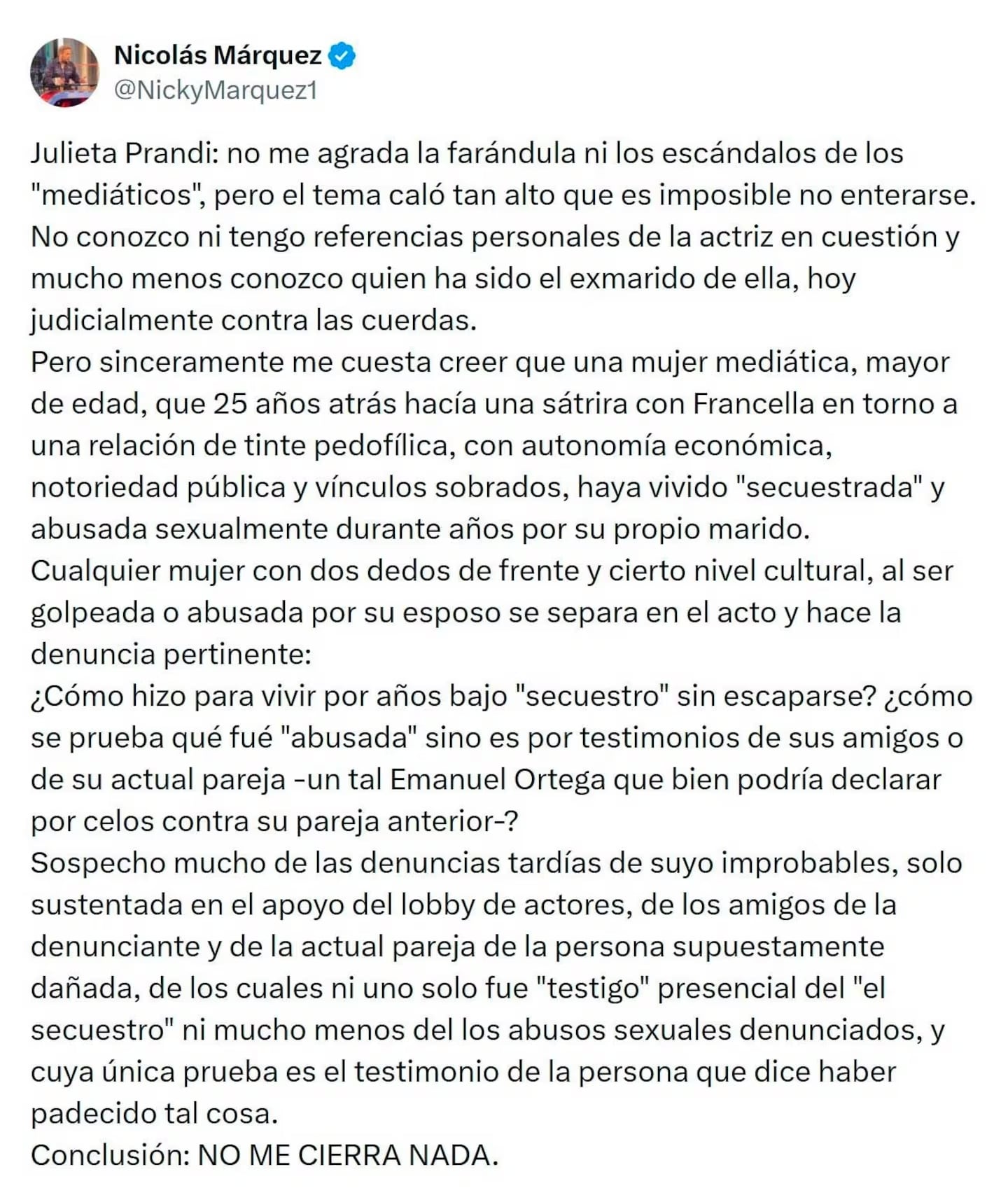 El mensaje de Nicolás Márquez contra Julieta Prandi que hizo enojar a Emanuel Ortega