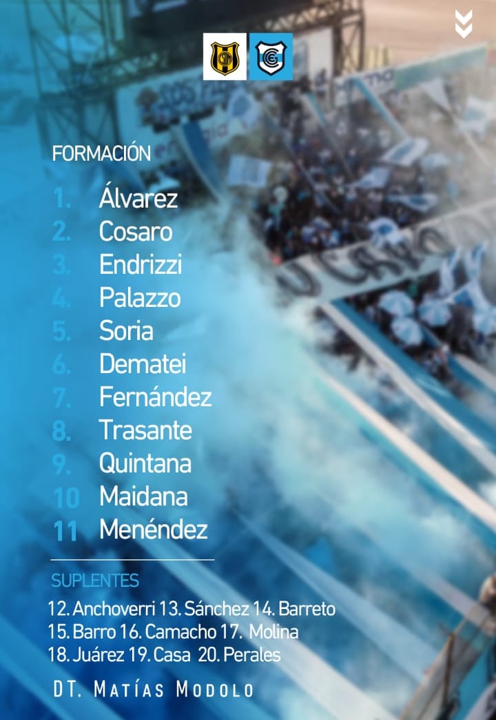 El equipo de Gimnasia y Esgrima de Jujuy que el DT Matías Módolo pondrá en la cancha este domingo en Puerto Madryn.