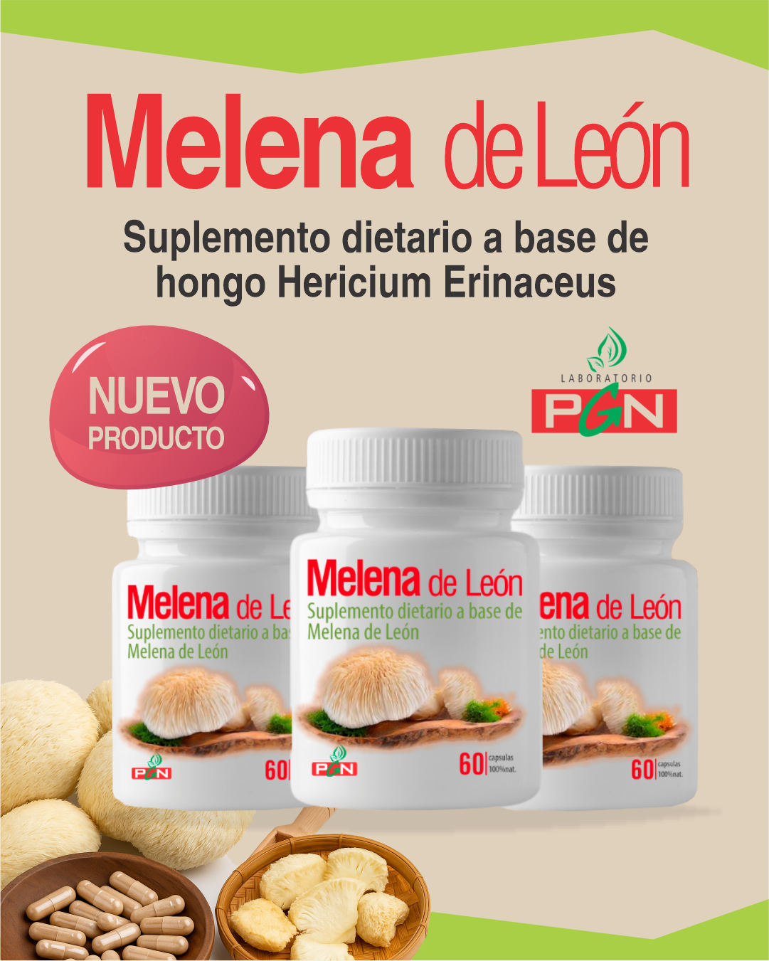 Melena de León. Suplemento dietario a base de hongo Hericium Erinaceus.