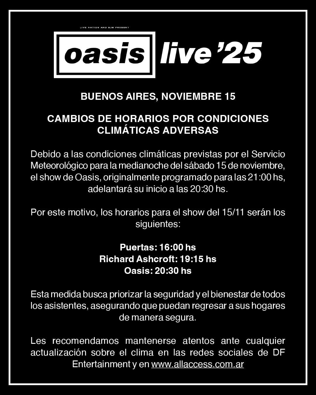 Oasis en Argentina: cambios en la grilla del sábado 15