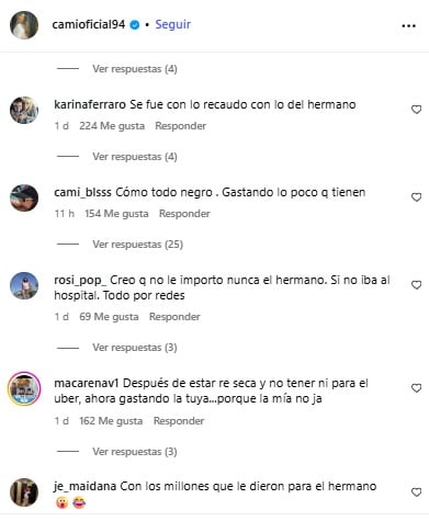 Las críticas hacia Camilota en Instagram.