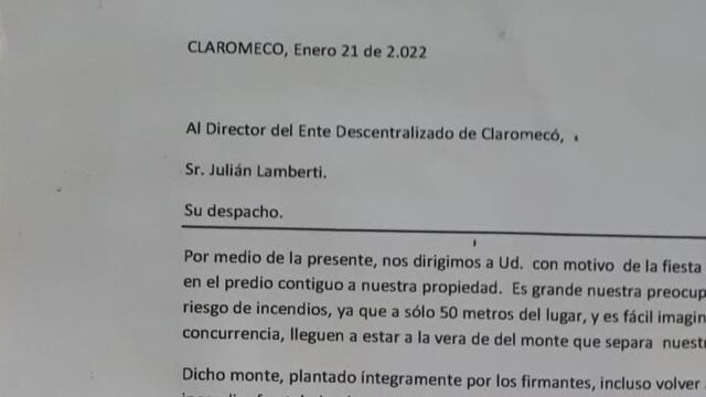 Vecinos del predio donde se llevará a cabo la fiesta en Claromecó se oponen a su realización