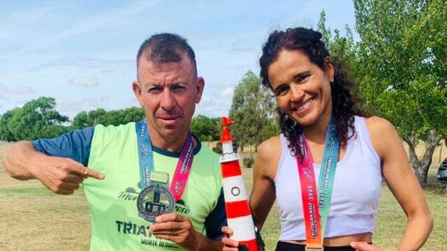 Luis Bilotti y Natalia Coria, puntaltenses que hicieron podio en el triatlón de Río Negro.