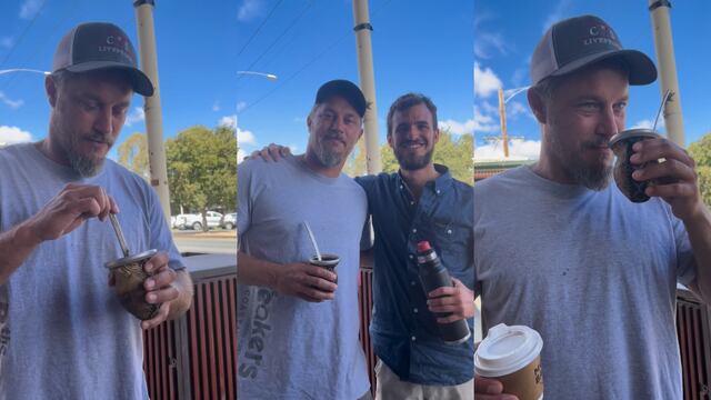 El actor de Ragnar, Travis Fimmel, prueba el mate hecho por un cordobés en Australia.