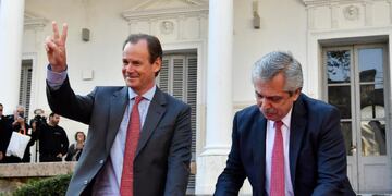 Gustavo Bordet acompañó a Alberto Fernández en el acto en la cancha de Defensores de Belgrano