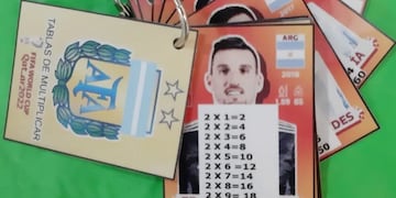 En Comodoro venden tablas de multiplicar impresas en las figuritas del Mundial de Qatar 2022.
