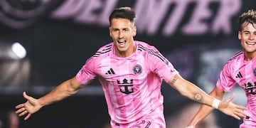 El cordobés Tadeo Allende en pleno festejo tras marcar el 1-0 ante New York City Football Club. Convirtió tres, para el 5-1 (Prensa Inter Miami)