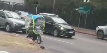 El motociclista viajaba con un curioso protector.