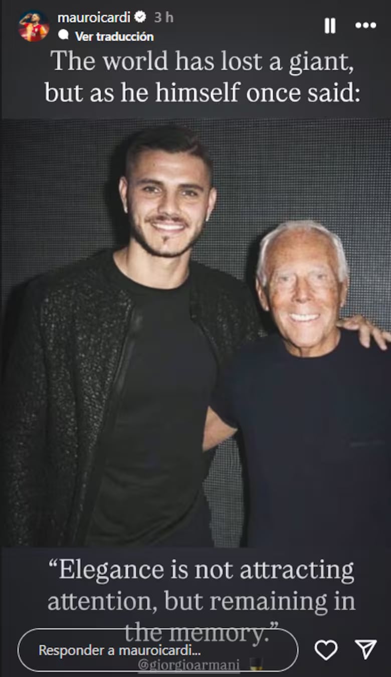 La foto que compartió Mauro Icardi por la muerte de Giorgio Armani.