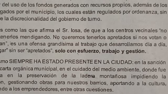Comunicado de los vecinos en contra de Iosa