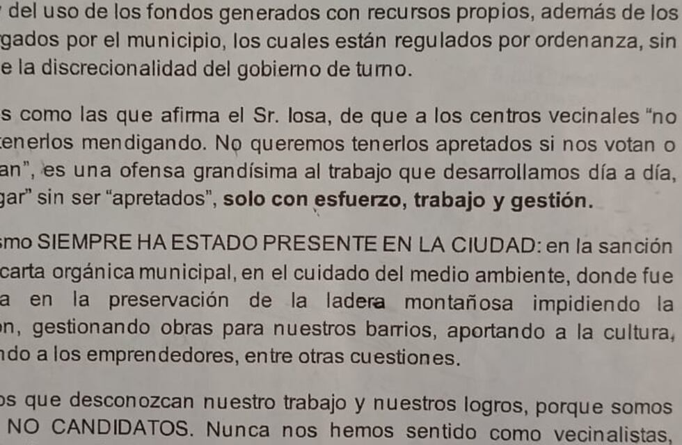 Carlos Paz: el vecinalismo emitió un comunicado en contra de Iosa