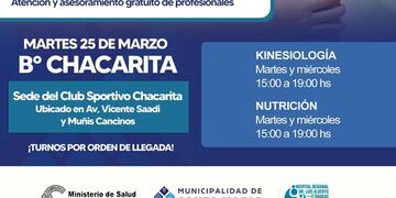 Atención médica gratuita para los vecinos de Chacarita: kinesiología y nutrición, el martes 25 de marzo.