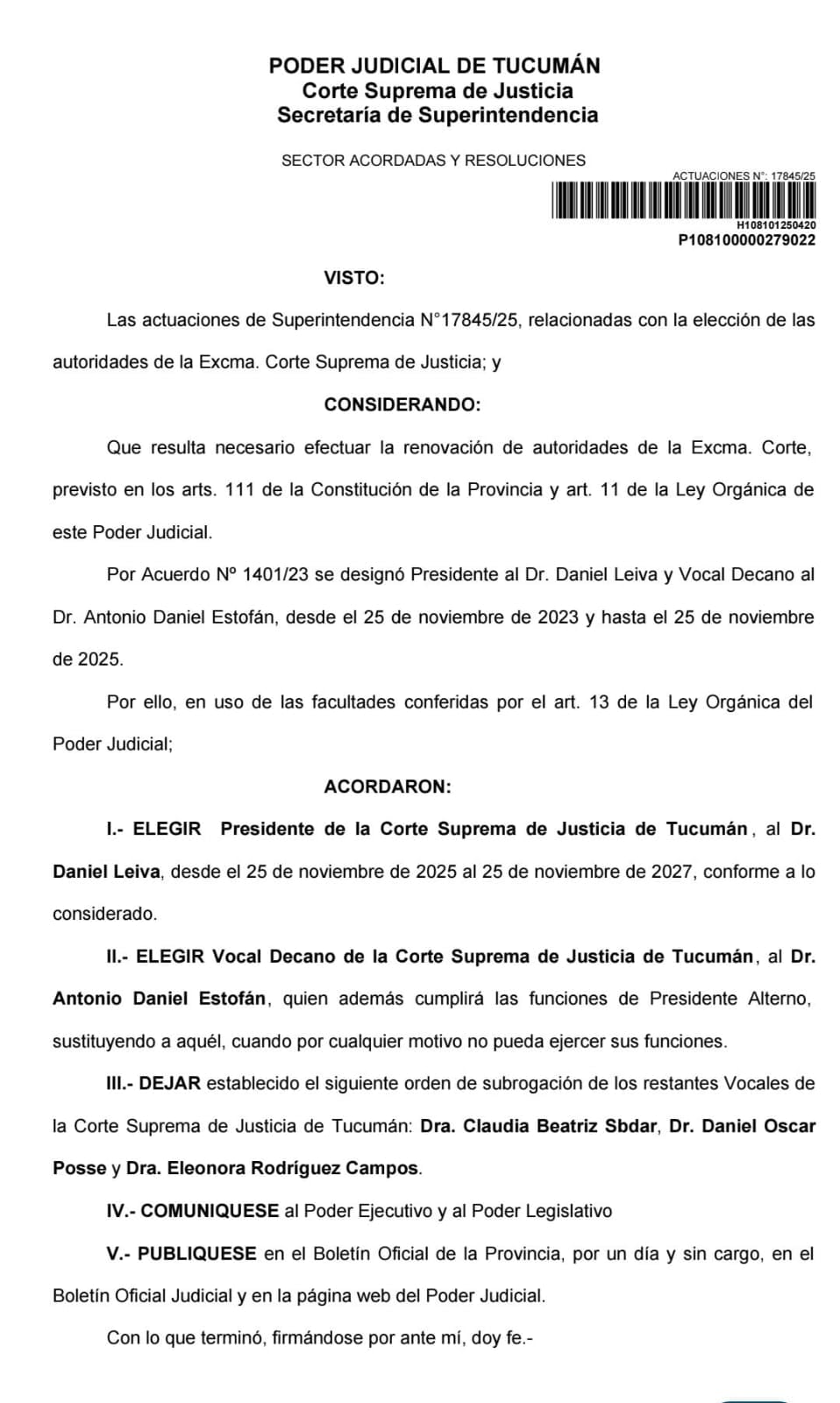 La Acordada 1109/2025 definió la conducción del máximo tribunal y formalizó las nuevas designaciones. (Imagen Poder Judicial Tucumán)