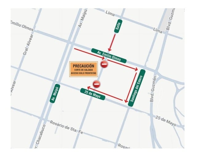El corte de tránsito es sobre la calle Salta, entre 25 de Mayo y avenida Emilio Olmos.