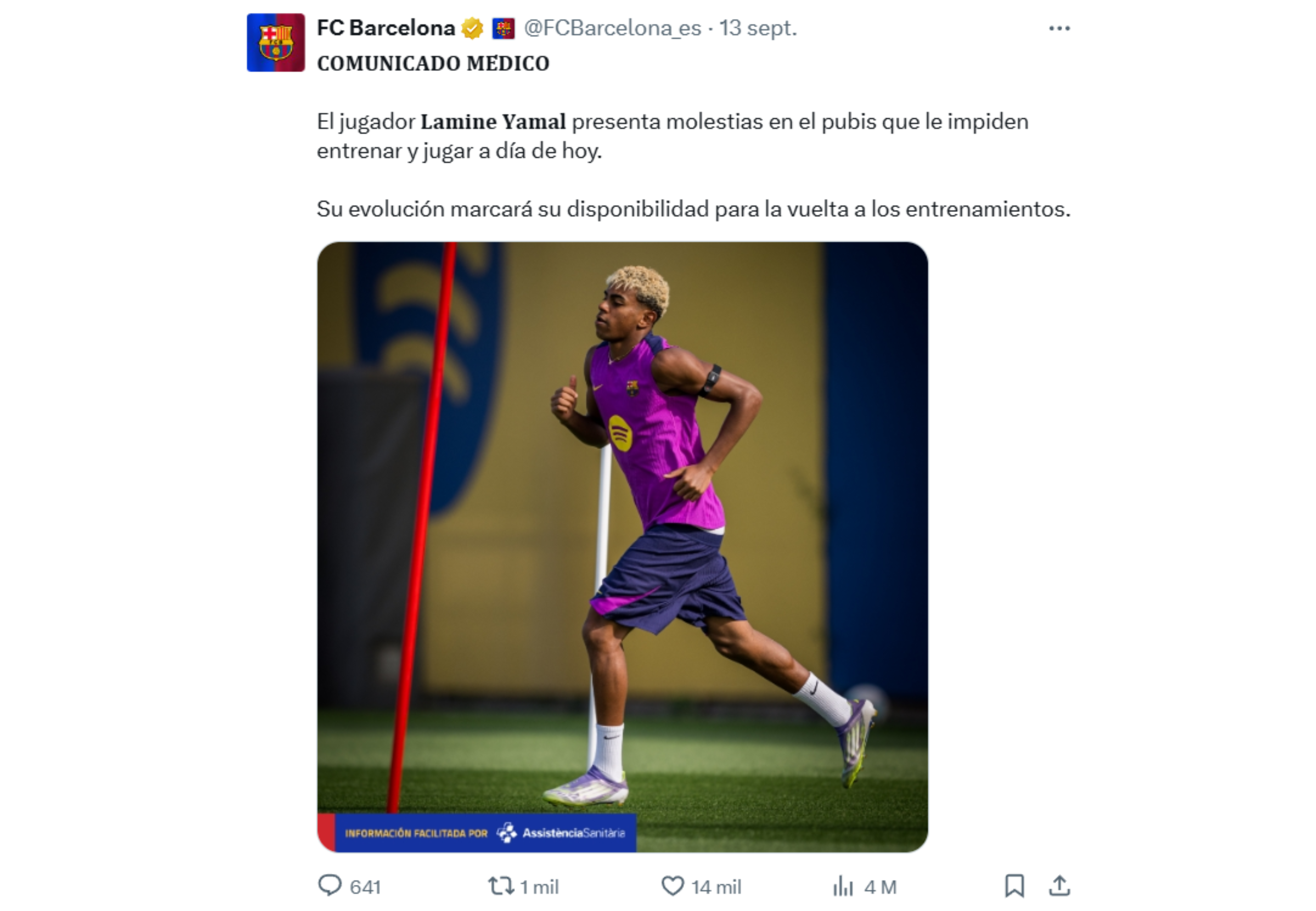 Así comunicó el club que el futbolista no podría jugar.
