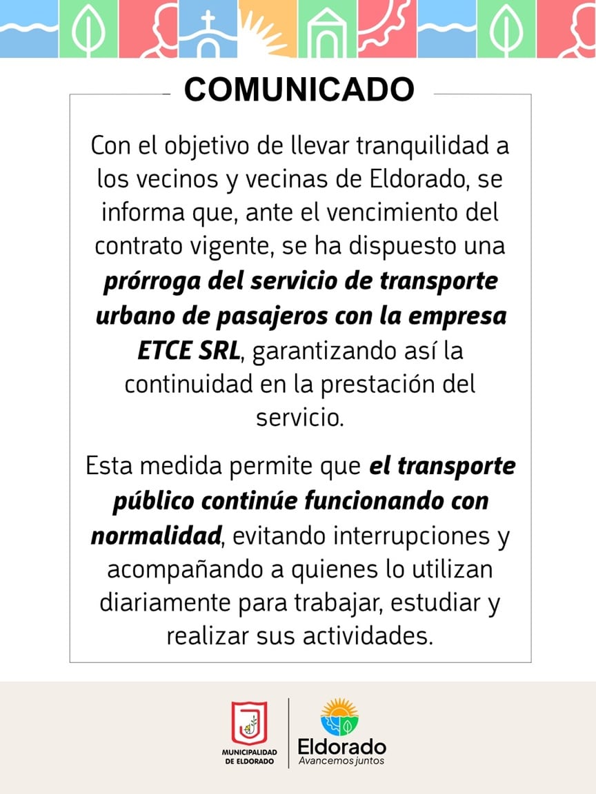 Eldorado prorrogó el contrato con ETCE y garantiza la continuidad del transporte urbano hasta fines de febrero.