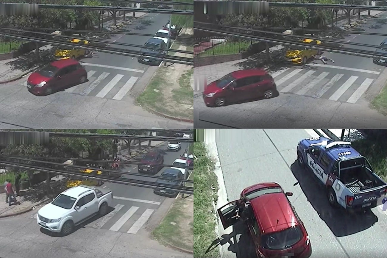 Secuencia del violento episodio ocurrido en Córdoba: la joven víctima se tiró del auto donde iban los ladrones. (Fotomontaje)