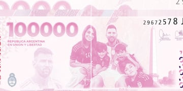 Supuesto billete de $100.000 con la cara de Messi y su familia