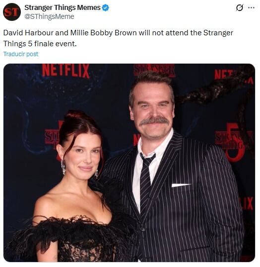 David Harbour y Millie Bobby Brown will no asistirían al evento de despedida de la serie.