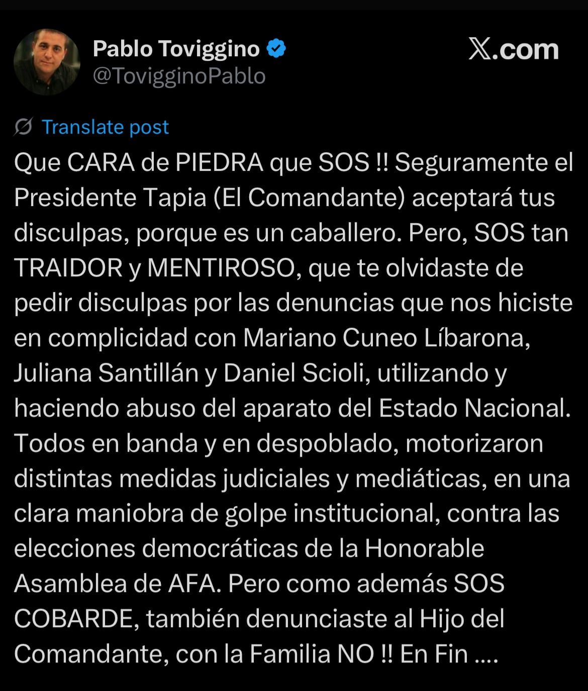 El posteo de Pablo Toviggino en X. (Captura).