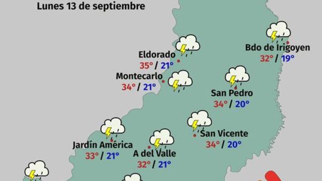 Lunes inestable con lluvias, tormentas y temperatura máxima prevista de 36°C en Misiones