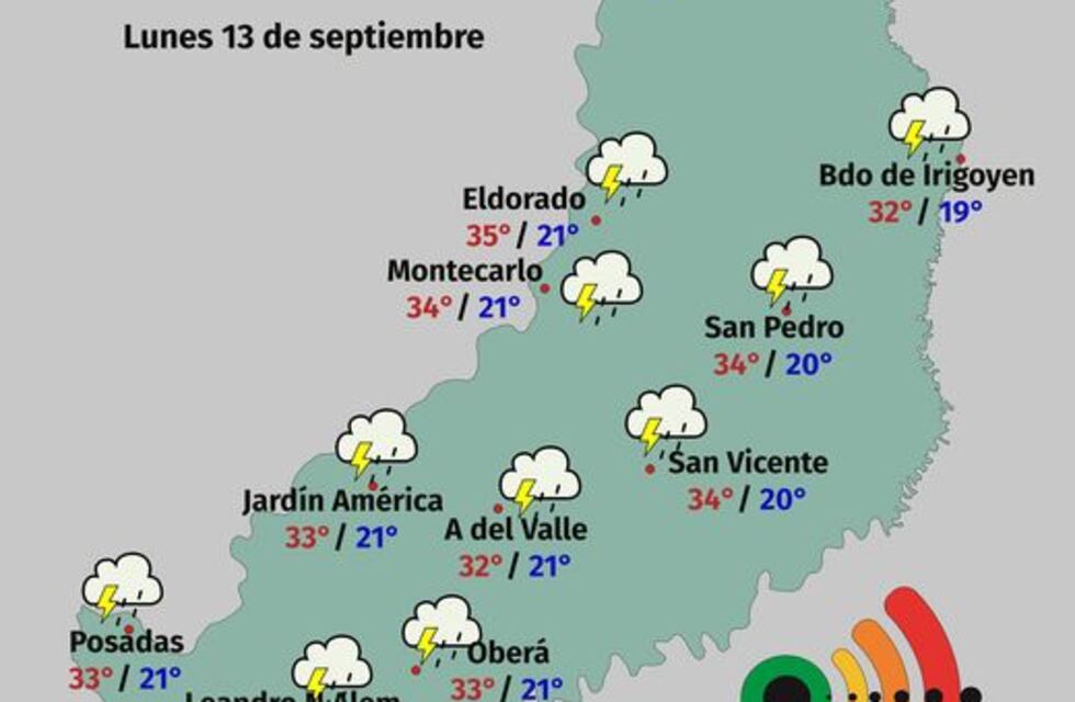 Lunes inestable con lluvias, tormentas y temperatura máxima prevista de 36°C en Misiones