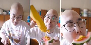 El reto viral de comer sandía con mostaza. (Captura TikTok)