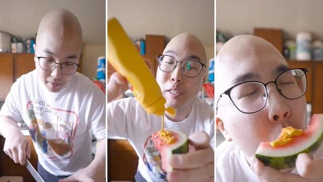 El reto viral de comer sandía con mostaza. (Captura TikTok)