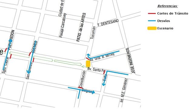 Mapa de los cortes de calles por la celebración de los 140 años de Rafaela