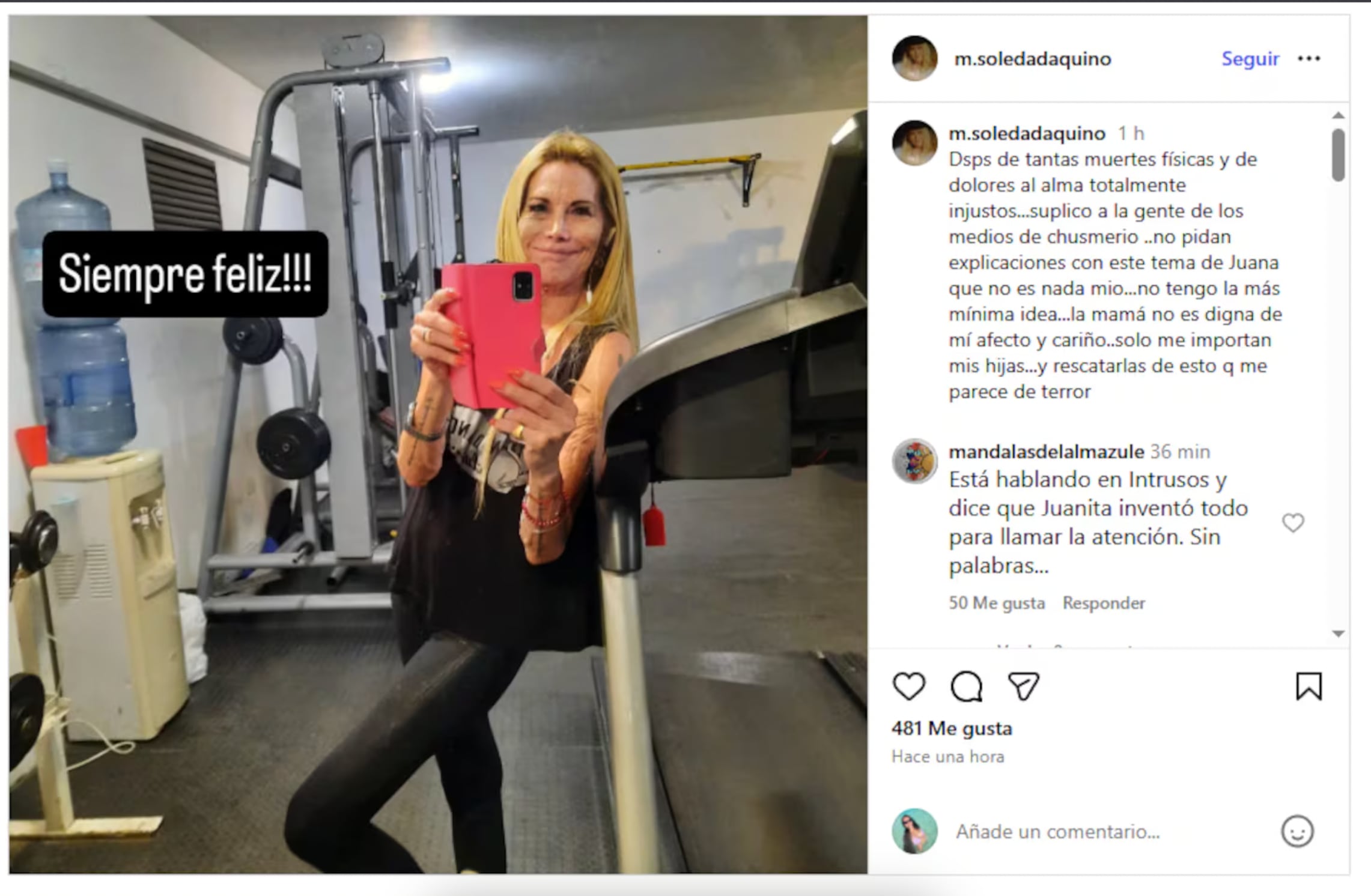 La publicación de Soledad Aquino en Instagram sobre el tema de Juana Tinelli. (Foto: Captura de pantalla)