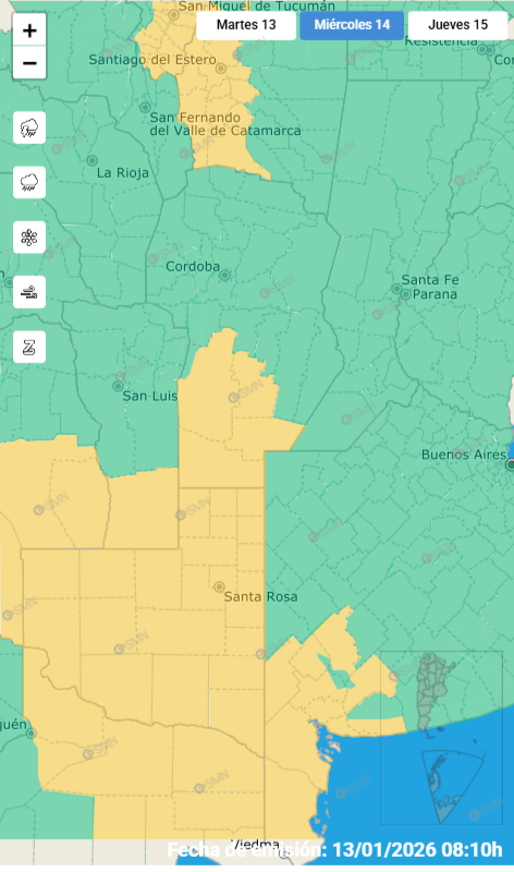 Alerta por tormentas para el miércoles 14 de enero.